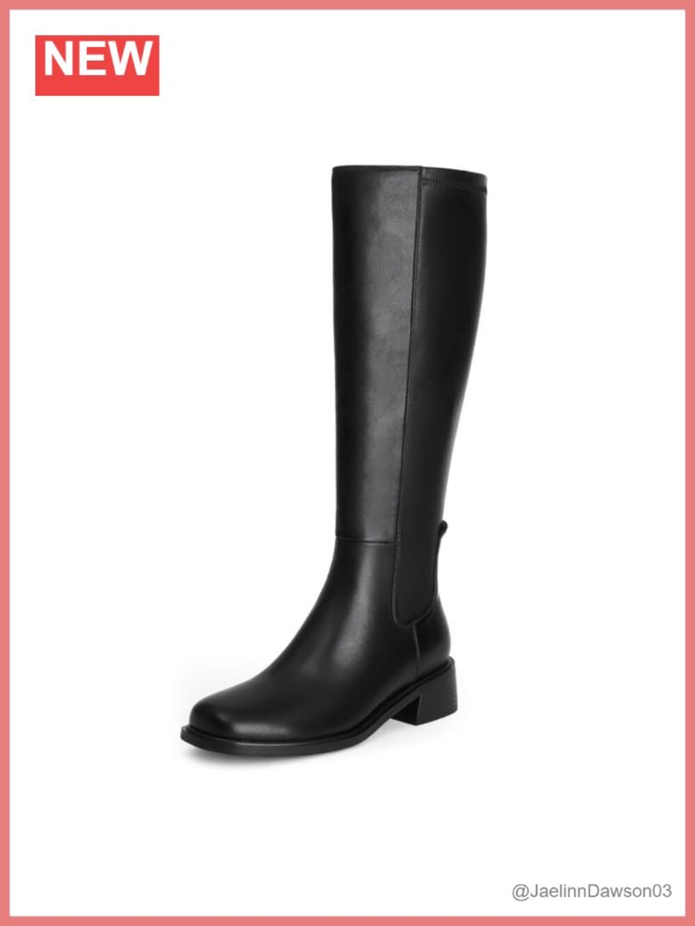Women's Stretch Knee High Boots Block Low Heel Square Toe Zip Faux Leather